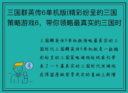 三国群英传6单机版(精彩纷呈的三国策略游戏6，带你领略最真实的三国时代！)